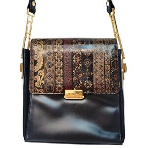 Vintage TALJA Florence Italy Black Leather Convertible Shoulder Bag Damascato
